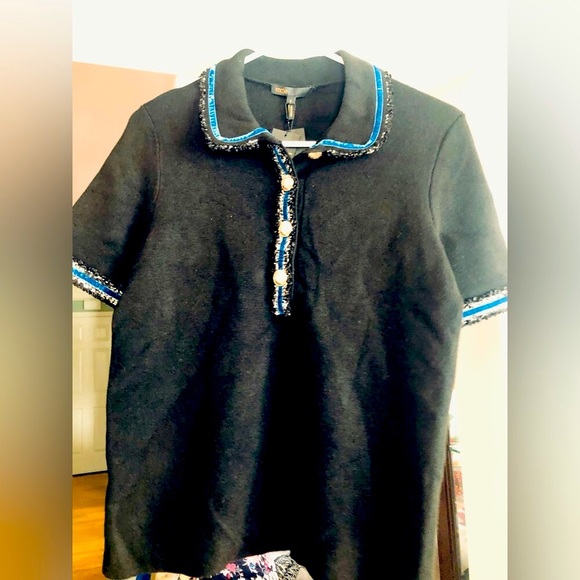 NWT MAJE Black Short Sleeve Sweater Top w/ Blue Frills  NWT $265  Size 1 or M - Picture 2 of 6